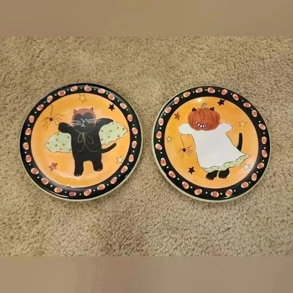 Set Of 2 Hausenware Halloween Hand Painted Plates Cats 8" - Picture 1 of 4